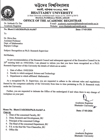 Bapujee College fraternity congratulates Dr. Shiva Rao for his recognization as Ph.D. Supervisor in Mathematics by Bhattadev University