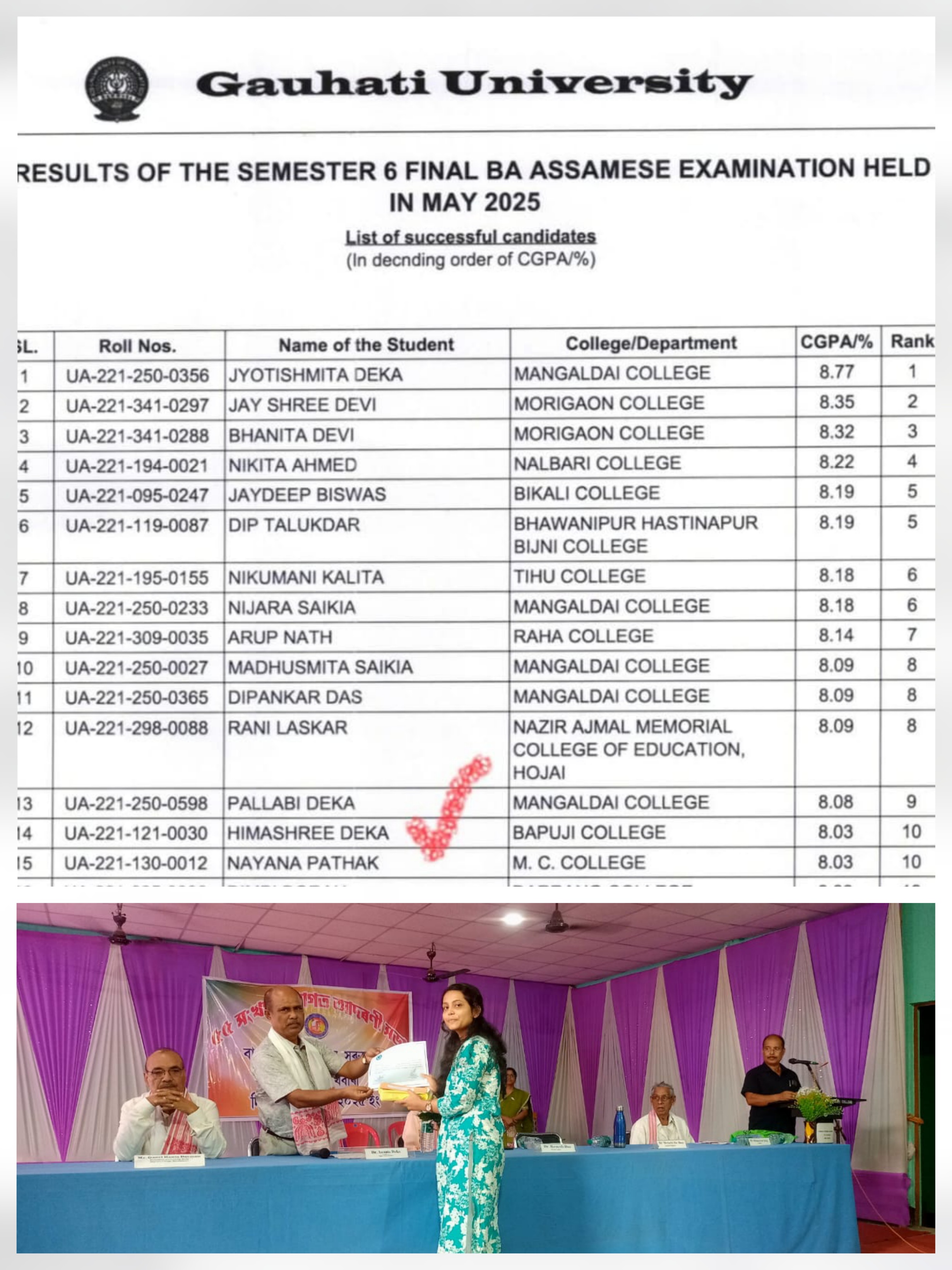 The Bapujee College fraternity proudly congratulates Himashree Deka for securing the 10th position in Assamese from Guwahati University (2025)