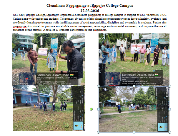 Cleanliness Programme at Bapujee College Campus on 27-03-2026 organized by NSS Unit