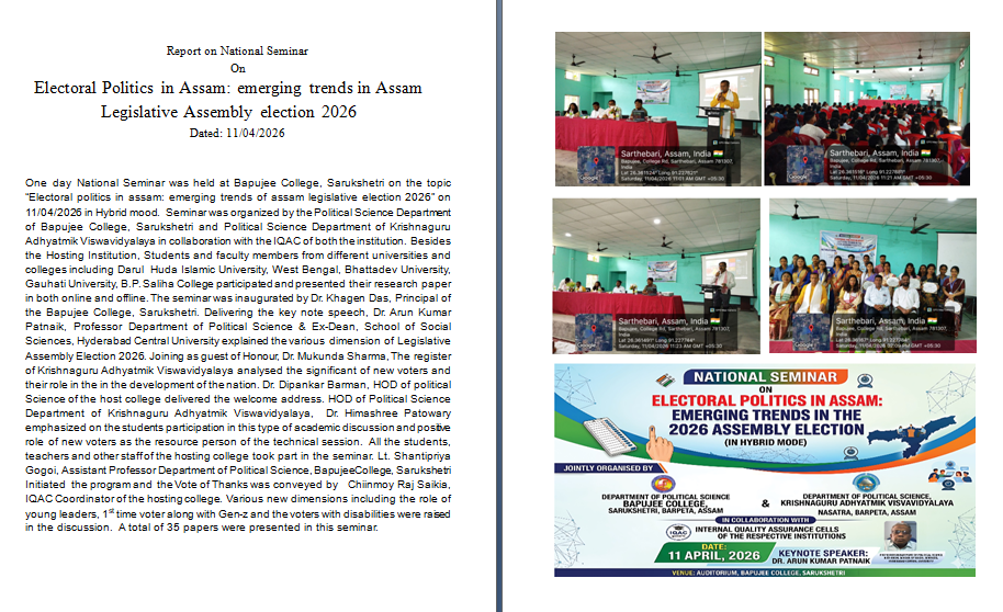 Report of National Seminar Organized by Political Science Department of Bapujee College, Sarukshetri on 11th April, 2026.