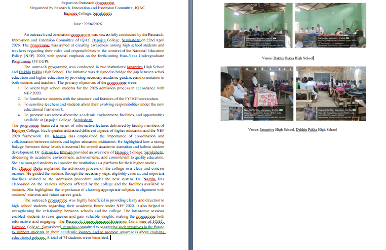 Outreach programs at Janapriya high school and Dakhin Pakka High School