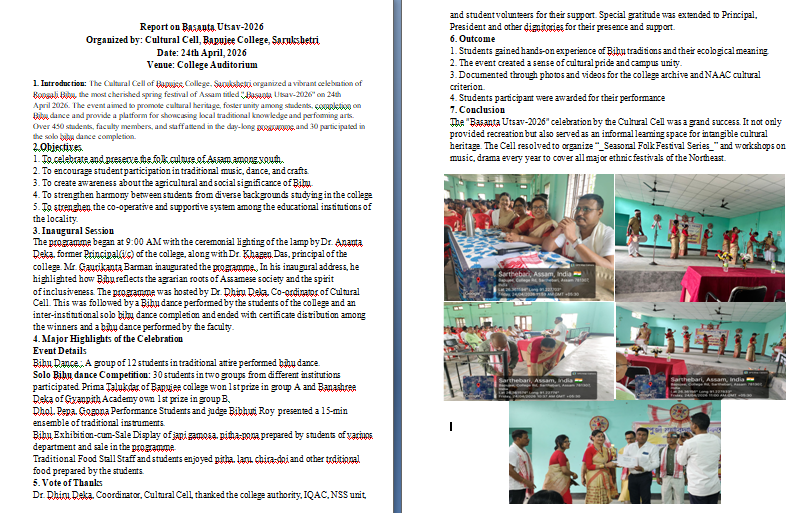 Celebration of Basanta Utsav under the auspice of Cultural Cell, Bapujee College on 24th April, 2026