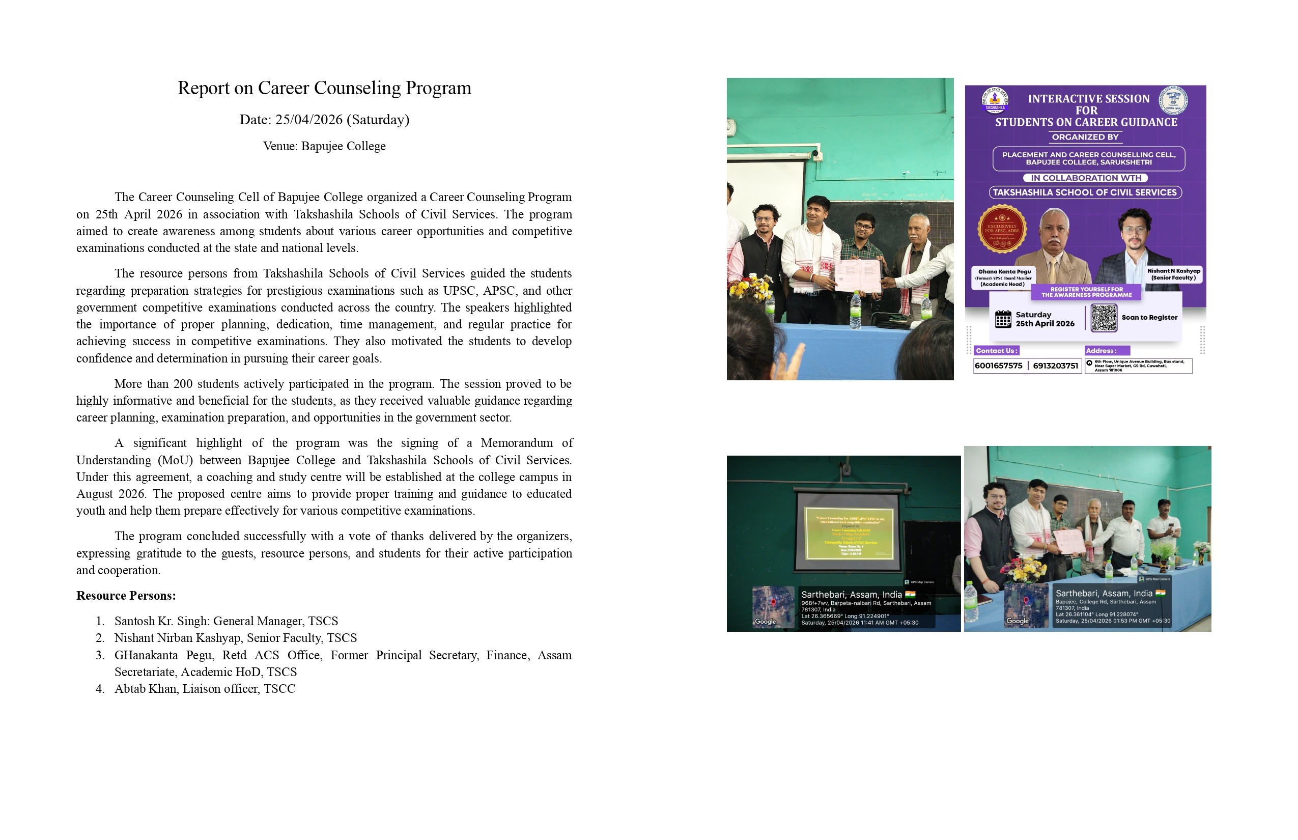 Career Counseling Cell of Bapujee College organized a Career Counseling Program on 25th April 2026 in association with Takshashila Schools of Civil Services