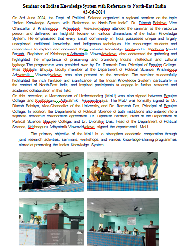 Regional Seminar on "Indian Knowledge System" organized by the dept. of Political Science