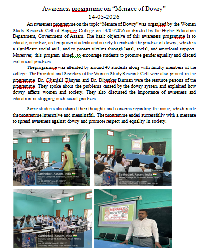 Awareness programme on the topic “Menace of Dowry” organised by the Women Study Research Cell of Bapujee College on 14/05/2026