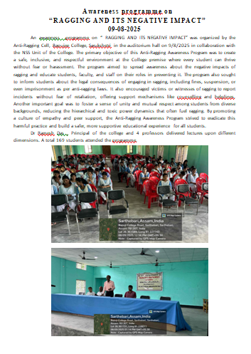 Awareness programme on  “RAGGING AND ITS NEGATIVE IMPACT” on 09-08-2025