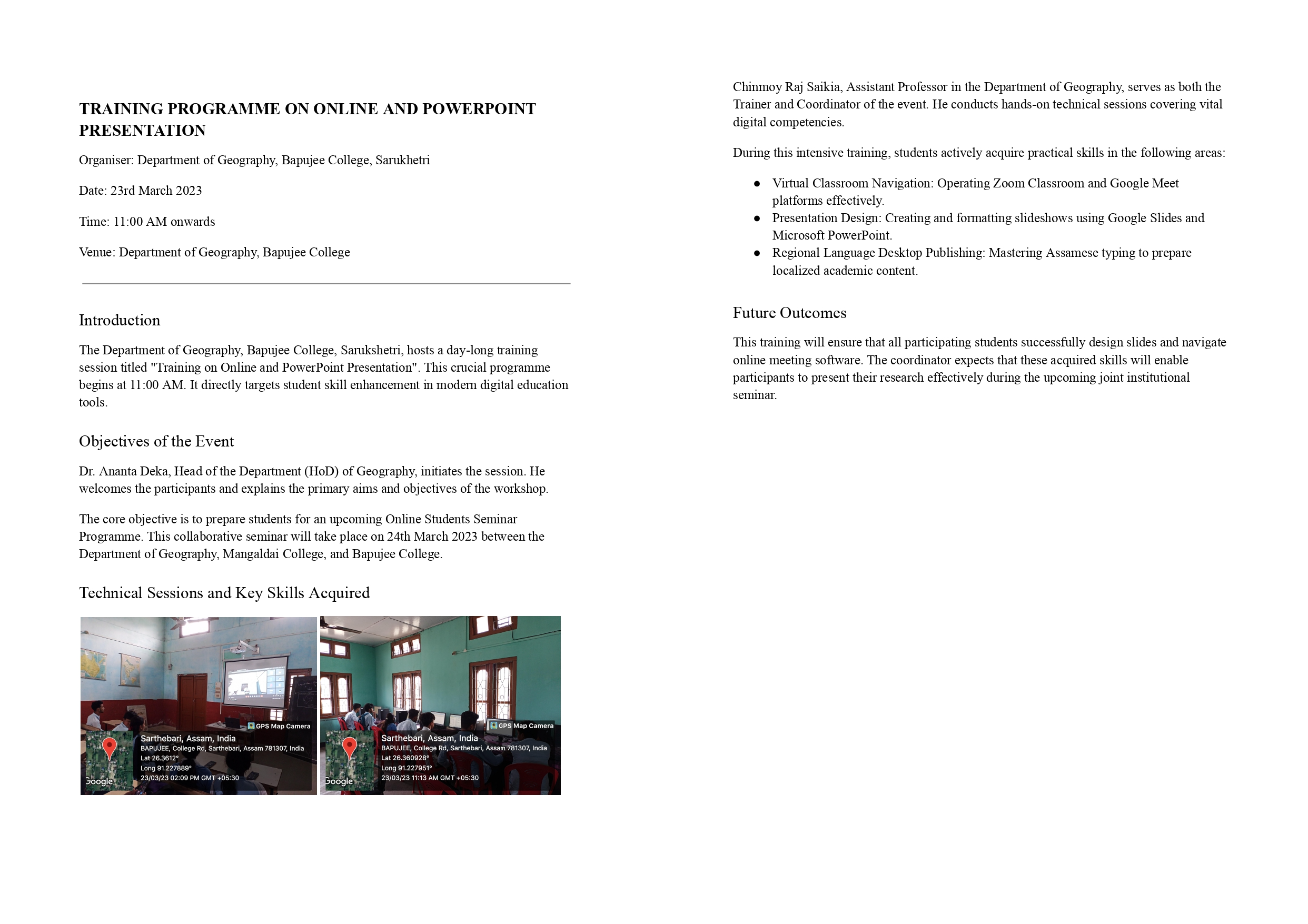 TRAINING PROGRAMME ON ONLINE AND POWERPOINT PRESENTATION ORGANISED BY DEPARTMENT OF GEOGRAPHY