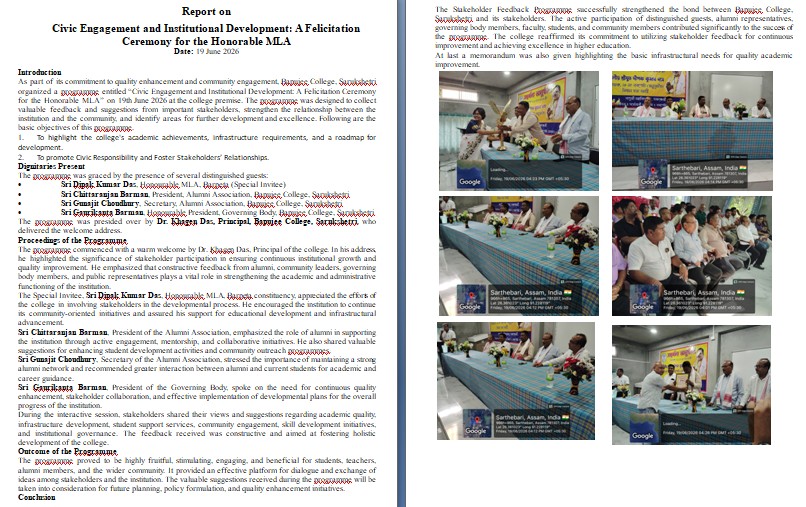 Report on Civic Engagement and Institutional Development: A Felicitation Ceremony for the Honorable MLA