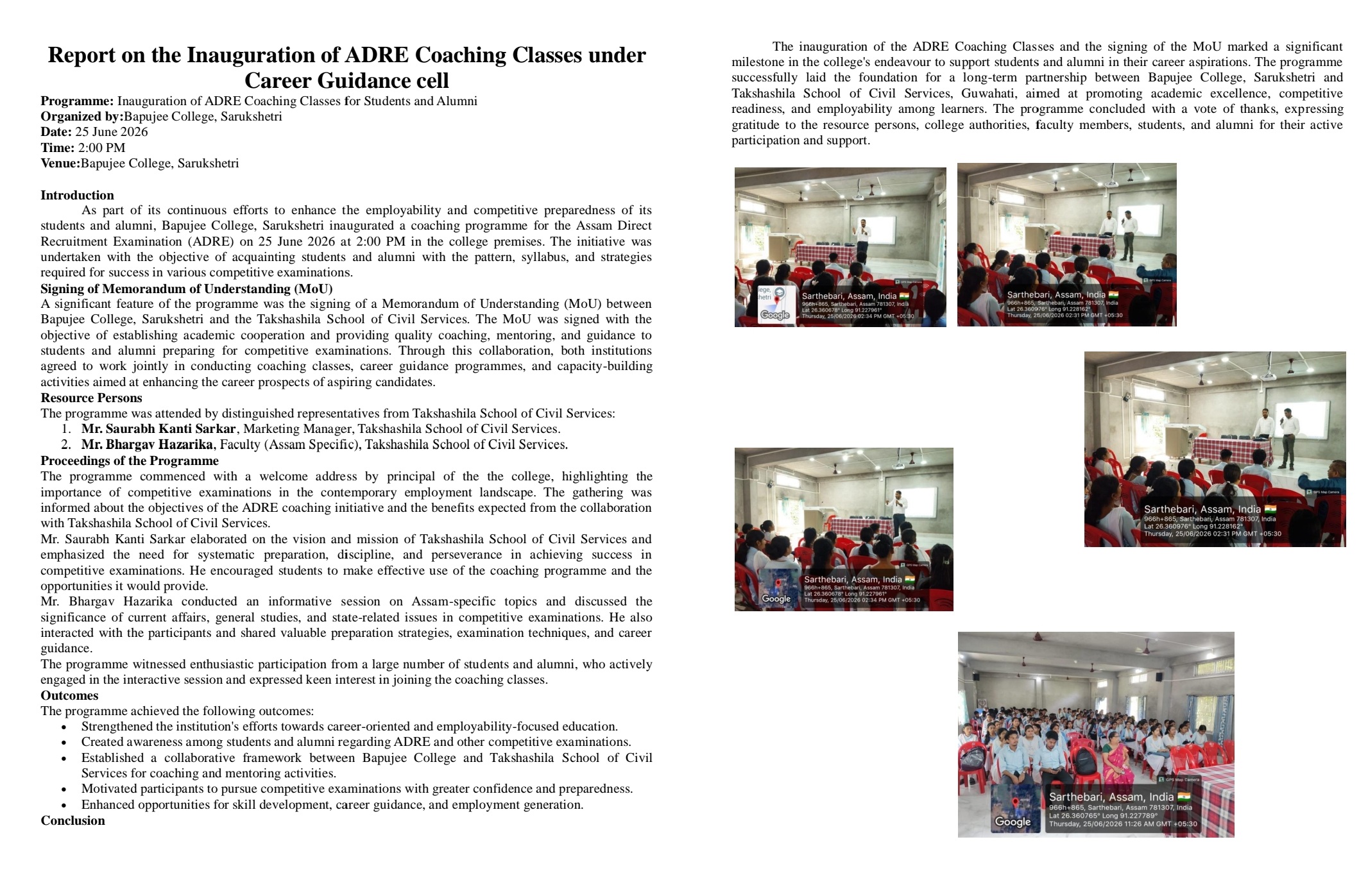 Report on the Inauguration of ADRE Coaching Classes under Career Guidance cell
