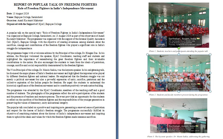 REPORT ON POPULAR TALK ON FREEDOM FIGHTERS
Role of Freedom Fighters in India’s Independence Movement
Date: 13 August 2026