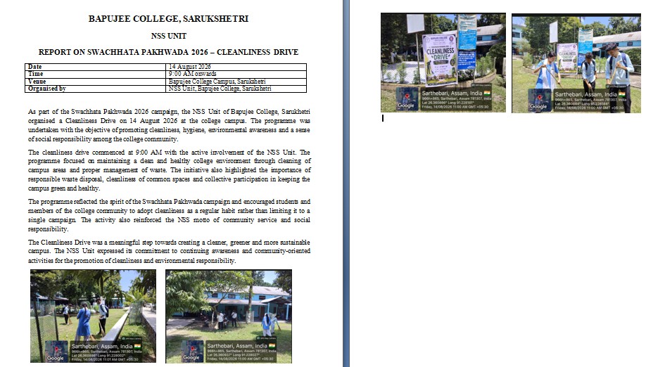 Cleanliness drive organized by NSS Unit, Bapujee College, Sarukshetri on 14th August, 2026