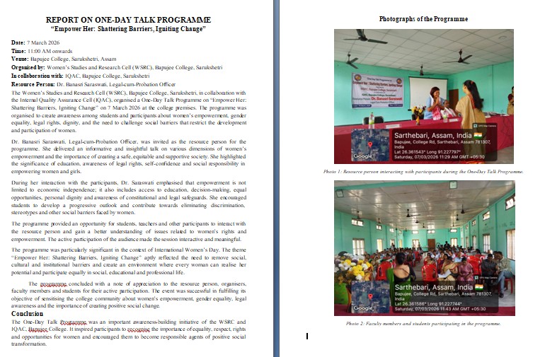 ONE-DAY TALK PROGRAMME on “Empower Her: Shattering Barriers, Igniting Change” Organised by: Women’s Studies and Research Cell on 7th March, 2026