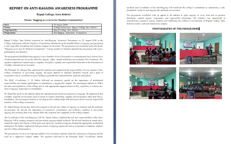 REPORT ON ANTI-RAGGING AWARENESS PROGRAMME held on 22nd August, 2026.