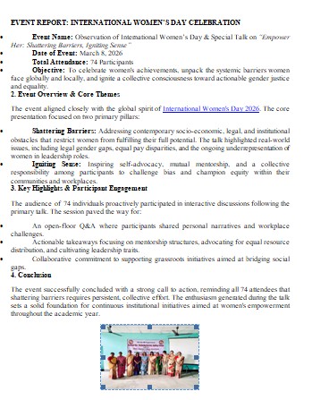 Observation of International Women’s Day &amp; Special Talk on “Empower Her: Shattering Barriers, Igniting Sense” on 08-03-2026