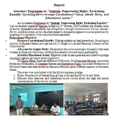 Awareness Programme on "Sankalp: Empowering Rights, Enshrining Equality: Uprooting Dowry through Constitutional Values, Gender Parity, and Educational Action." held on 15-10-2026